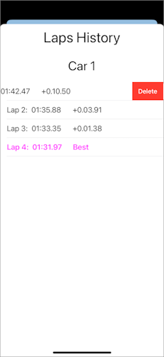 VBOX Multi-Stopwatch Lap Timing Screen - Delete a lap